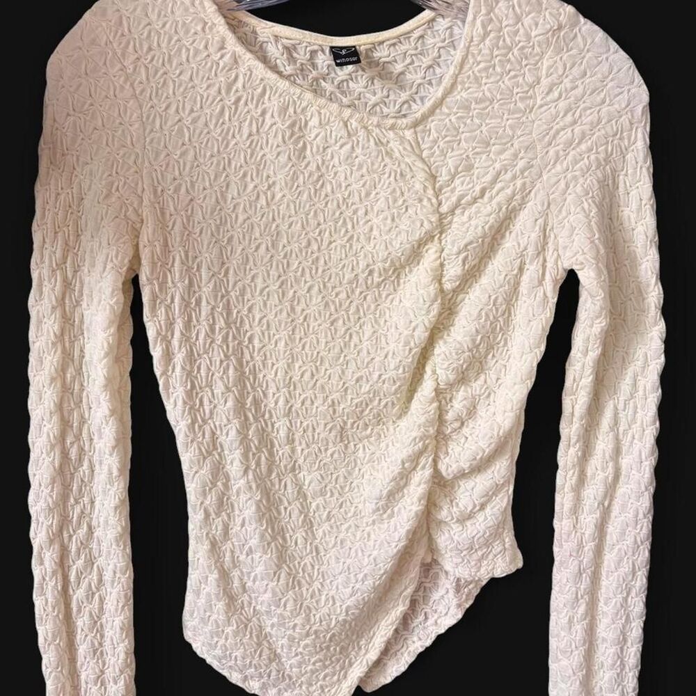 Y2K Windsor ruched cream textured blouse with asymetrical hem